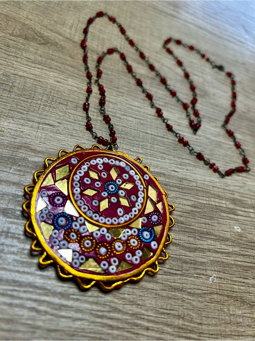 Vintage 70s Indian Clay, Mosaic Bead & Mirror Medallion Pendant Made in India - Picture 2 of 7